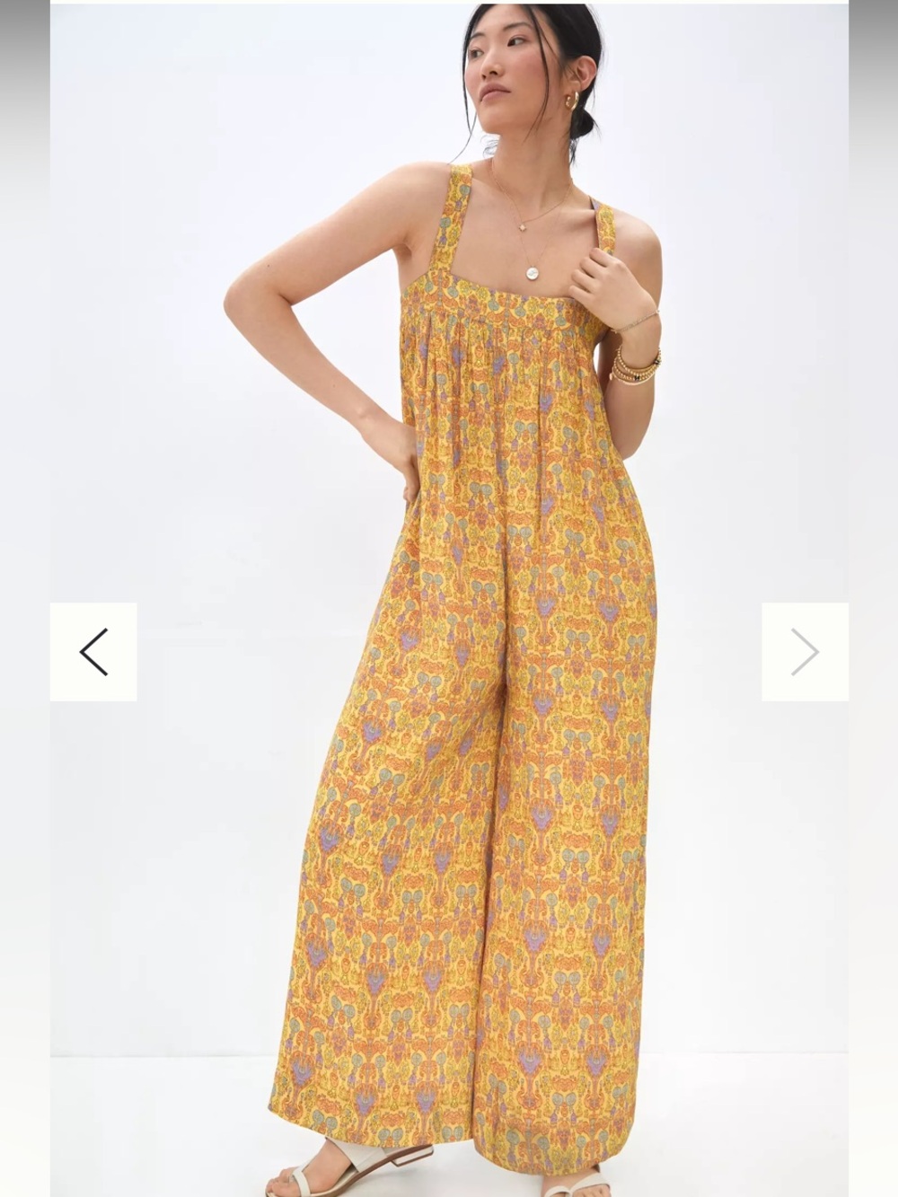 Anthropologie Ollari Golden Wide Leg Boho Blockprint Jumpsuit Criss Cross Back
